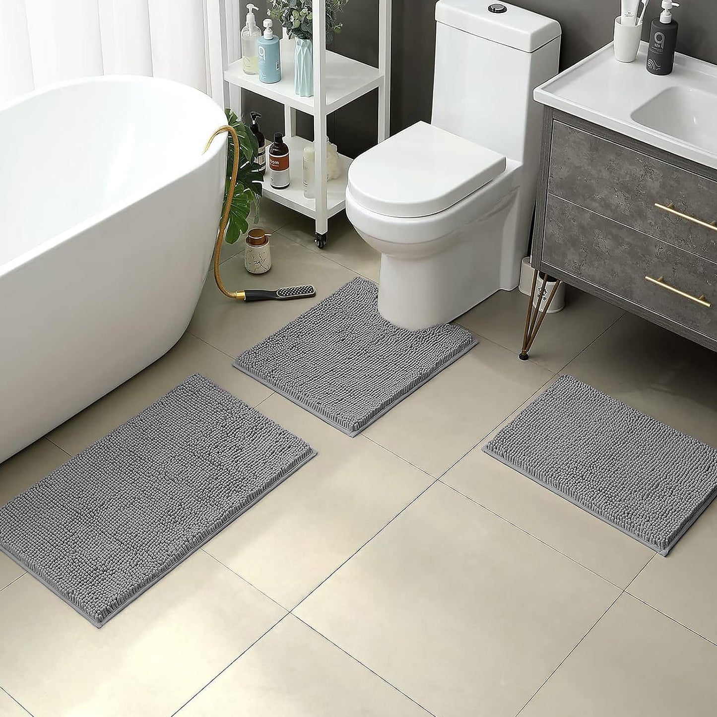 3-Piece Plush Chenille Bath Mat Set – Soft, Absorbent & Non-Slip (Dark Grey) Homemartgoods