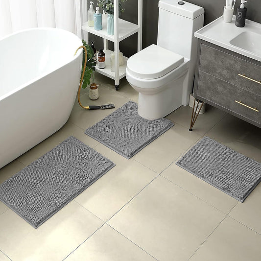 3-Piece Plush Chenille Bath Mat Set – Soft, Absorbent & Non-Slip (Dark Grey) Homemartgoods