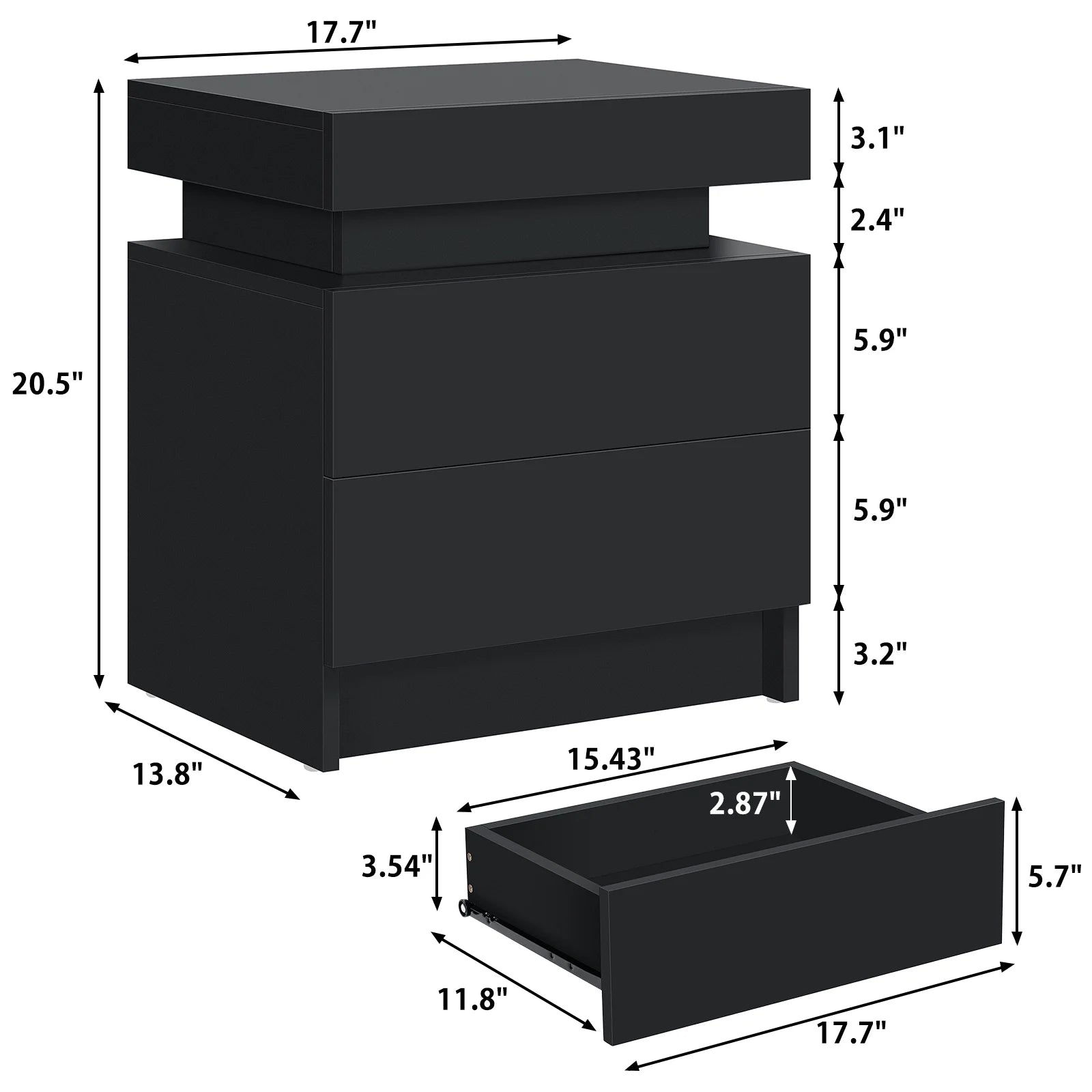 Elevate Your Space with Our Modern High Gloss LED Nightstand Set - Stylish Black Bedside Tables with 2 Drawers and RGB Lighting