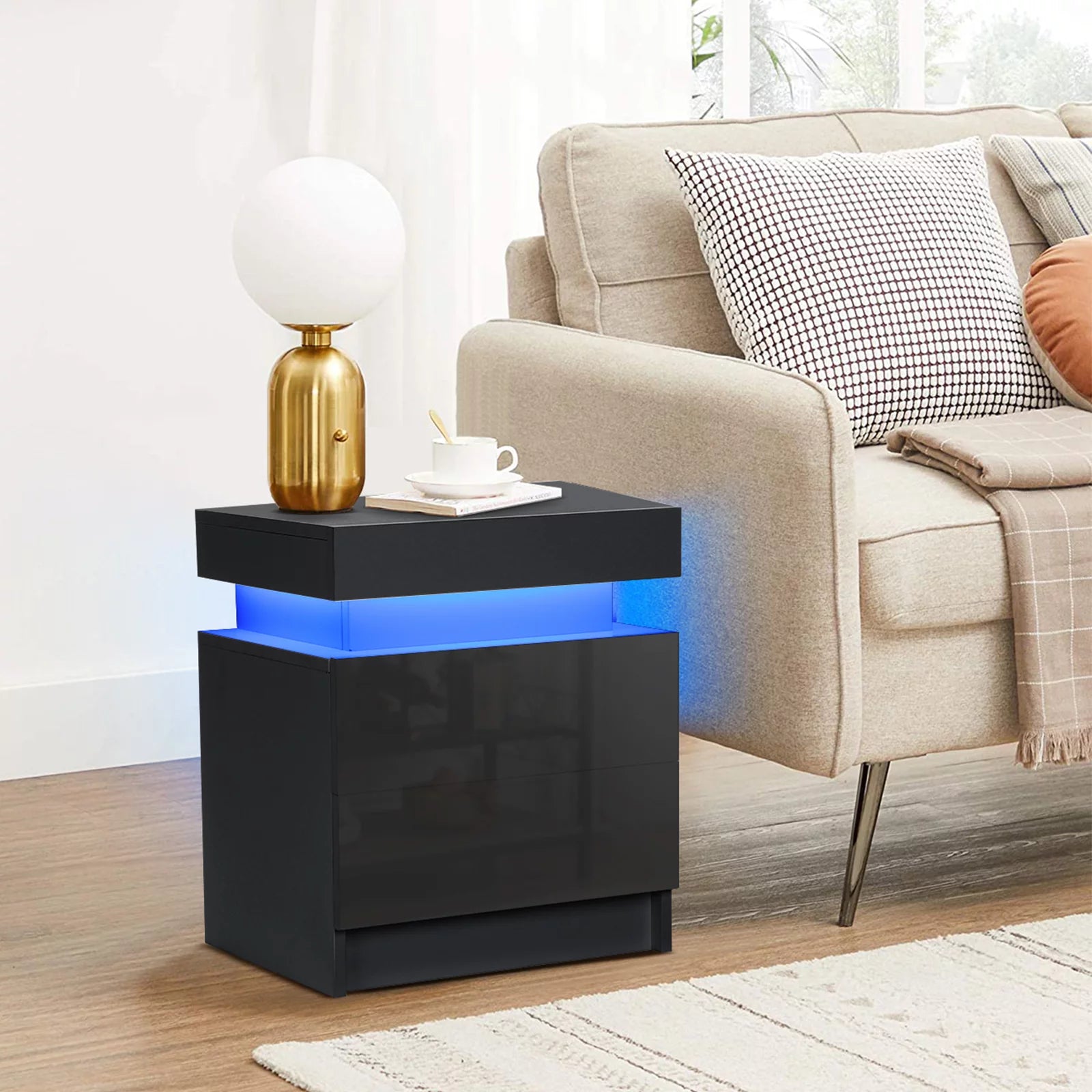 Elevate Your Space with Our Modern High Gloss LED Nightstand Set - Stylish Black Bedside Tables with 2 Drawers and RGB Lighting