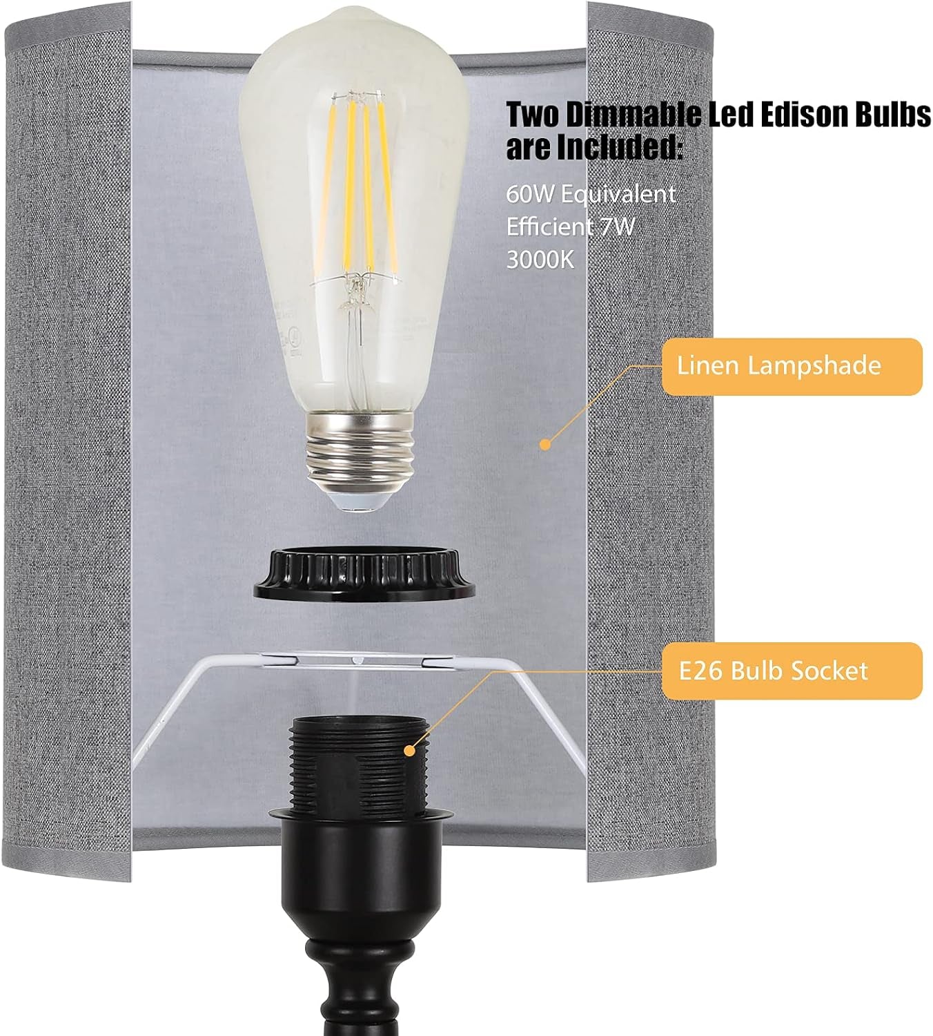 Elegant Touch Control Table Lamps - 3-Way Dimmable Bedside Desk Lamps with USB Ports & AC Outlet - Set of 2 Stylish Grey Fabric Lamps for Bedroom, Living Room & Kids Room (Includes LED Bulbs)