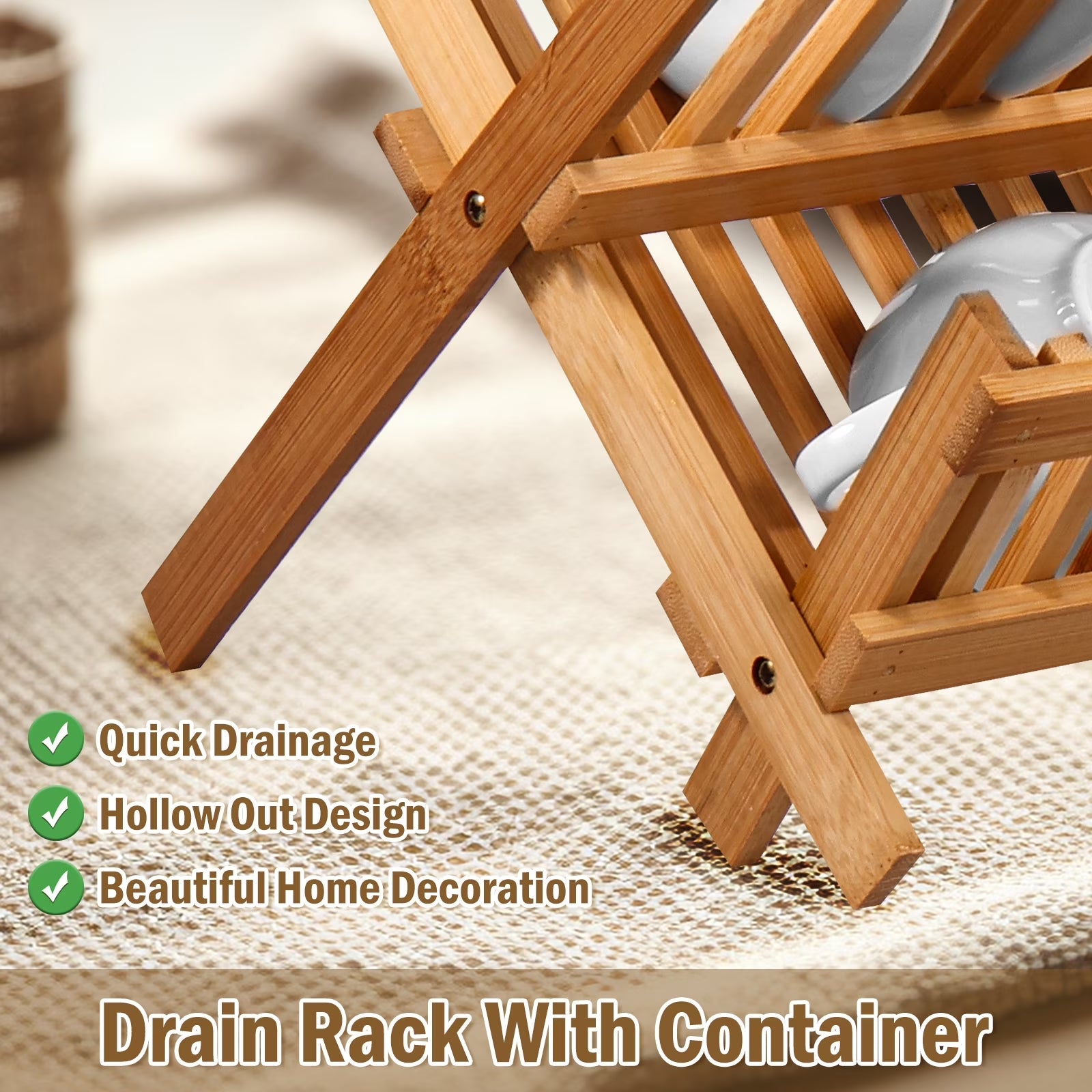 Stylish Bamboo Dish Drying Rack with Utensil Holder - 2-Tier Collapsible Wooden Drainer for Efficient Kitchen Organization