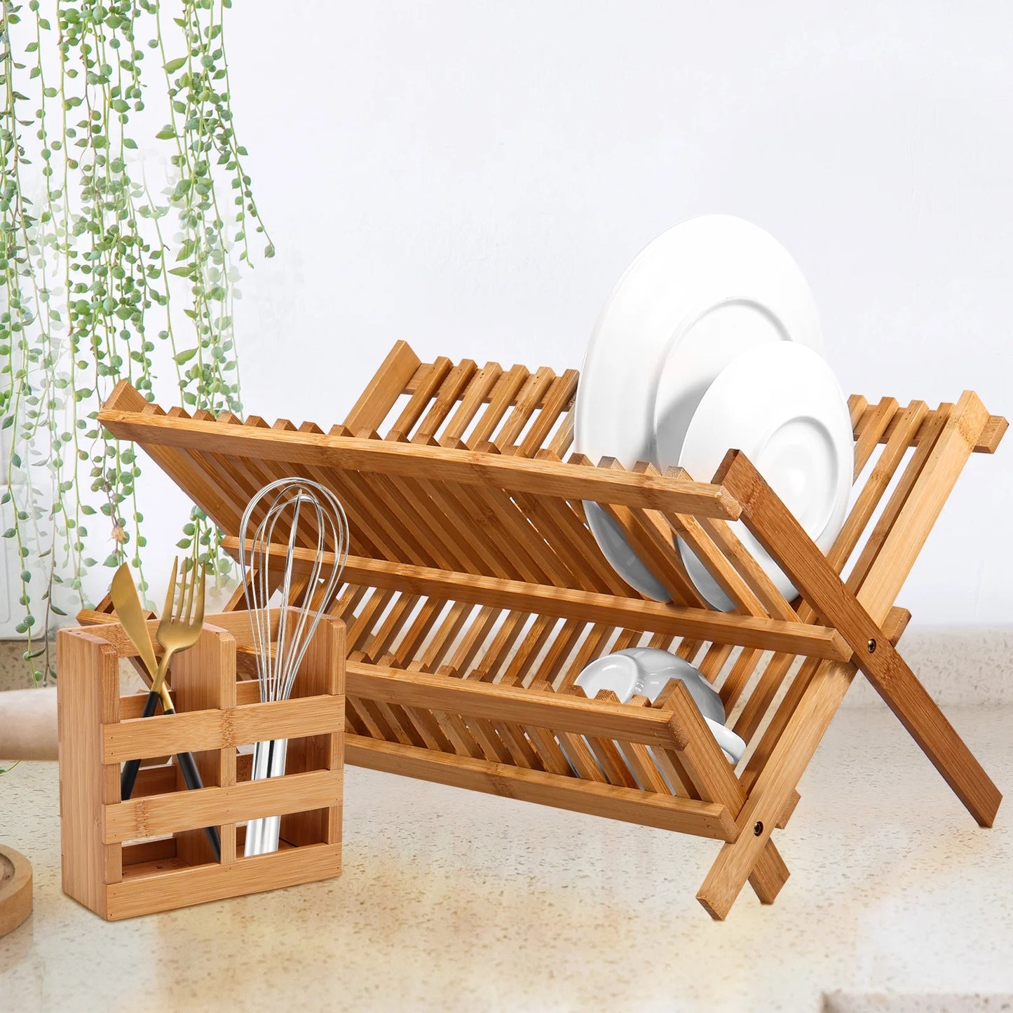 Stylish Bamboo Dish Drying Rack with Utensil Holder - 2-Tier Collapsible Wooden Drainer for Efficient Kitchen Organization