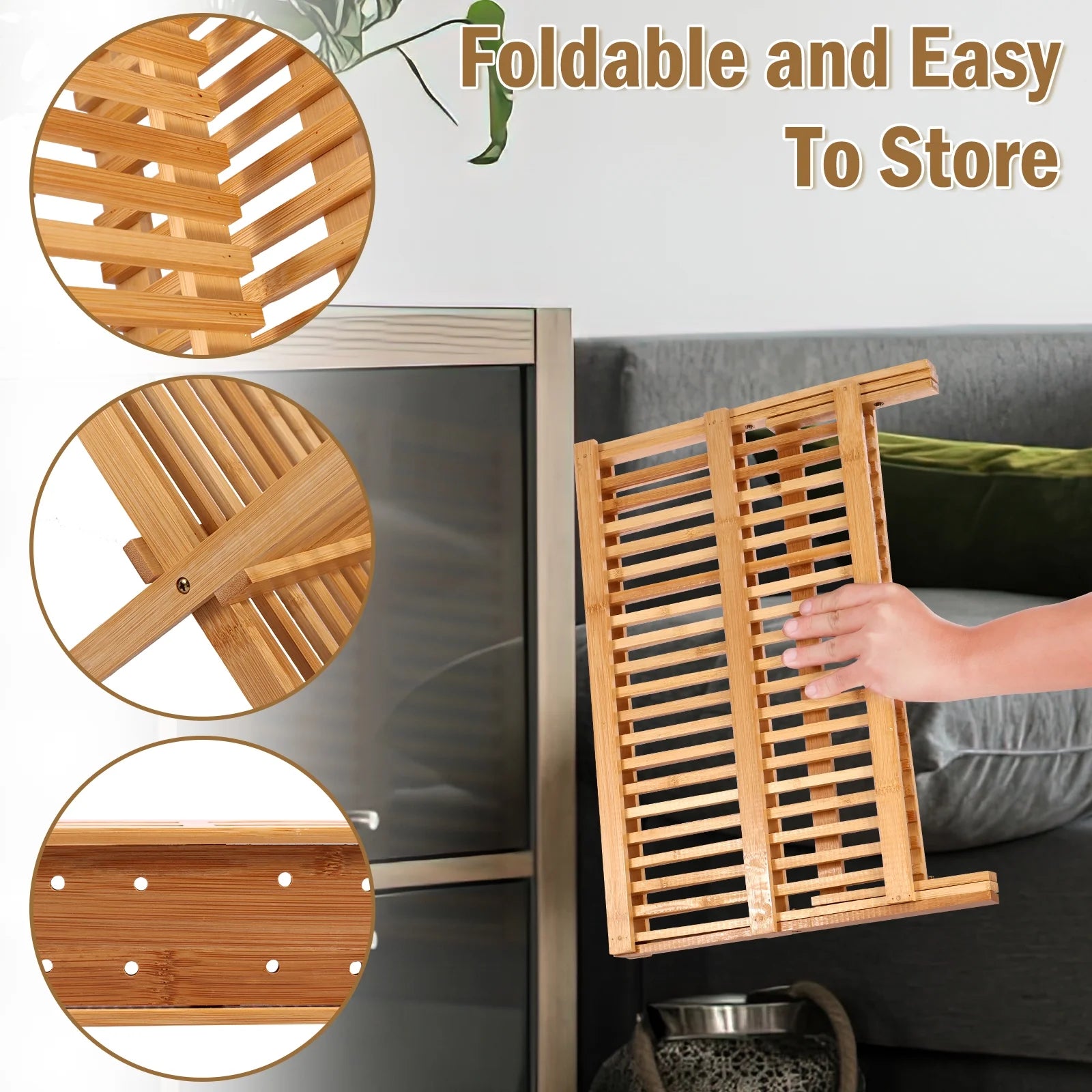 Stylish Bamboo Dish Drying Rack with Utensil Holder - 2-Tier Collapsible Wooden Drainer for Efficient Kitchen Organization