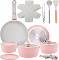 Elevate Your Culinary Experience with the 18-Piece Pink Nonstick Ceramic Cookware Set – Complete with Utensils and Innovative Detachable Handles!