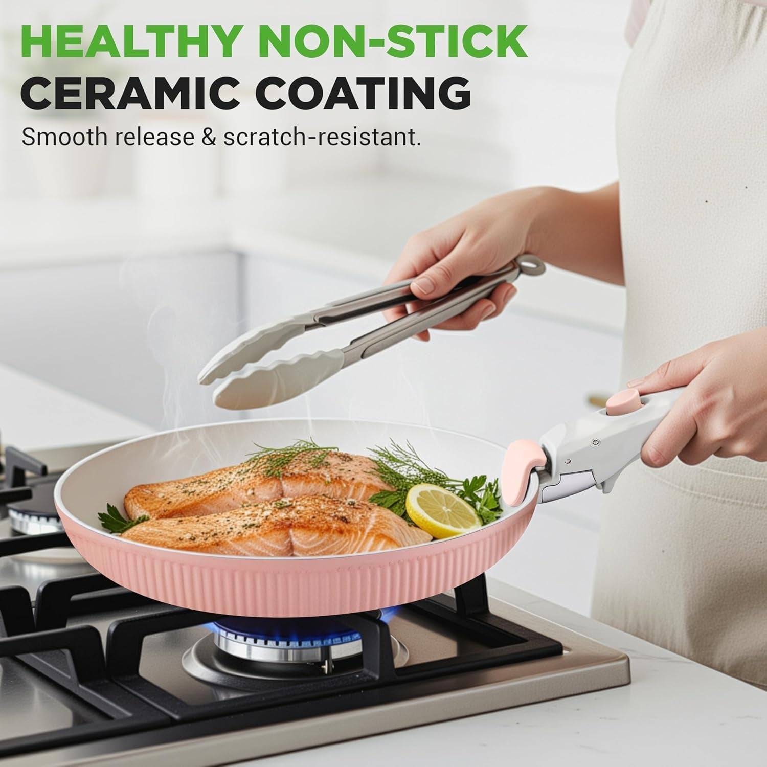 Elevate Your Culinary Experience with the 18-Piece Pink Nonstick Ceramic Cookware Set – Complete with Utensils and Innovative Detachable Handles!