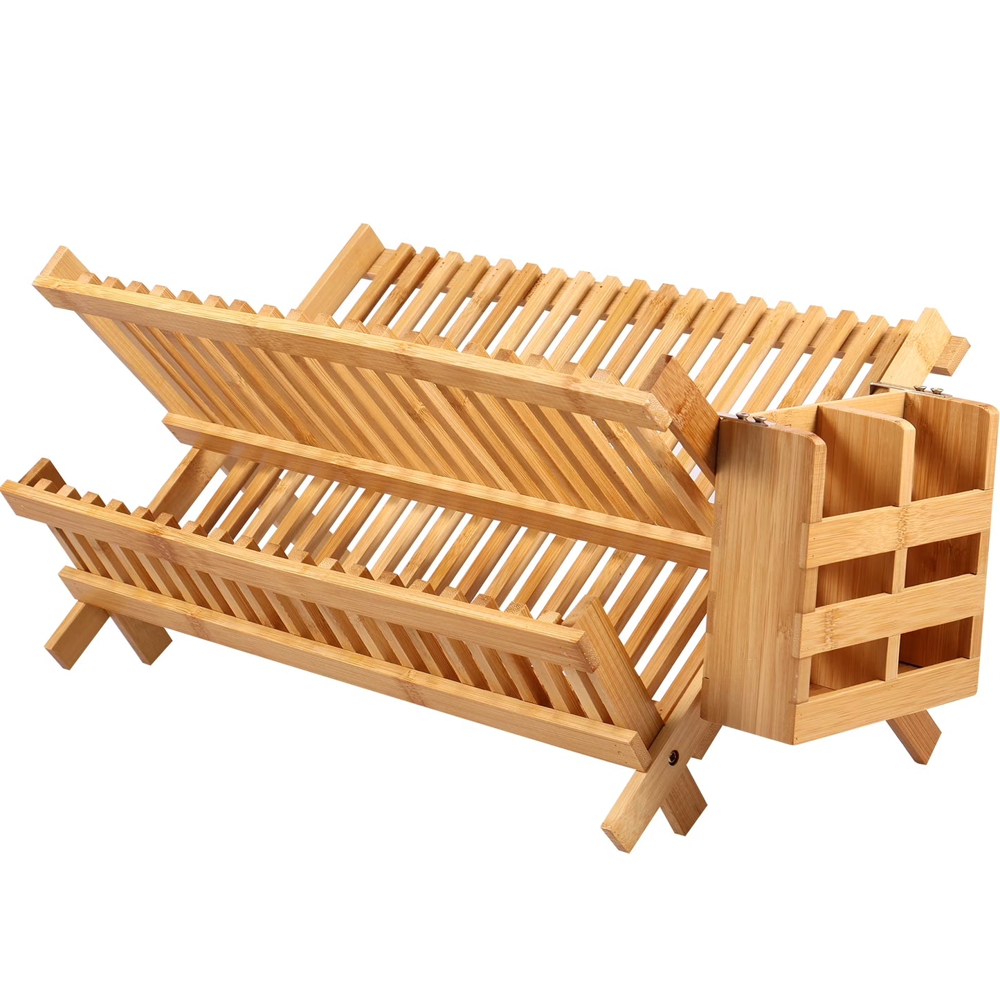 Stylish Bamboo Dish Drying Rack with Utensil Holder - 2-Tier Collapsible Wooden Drainer for Efficient Kitchen Organization