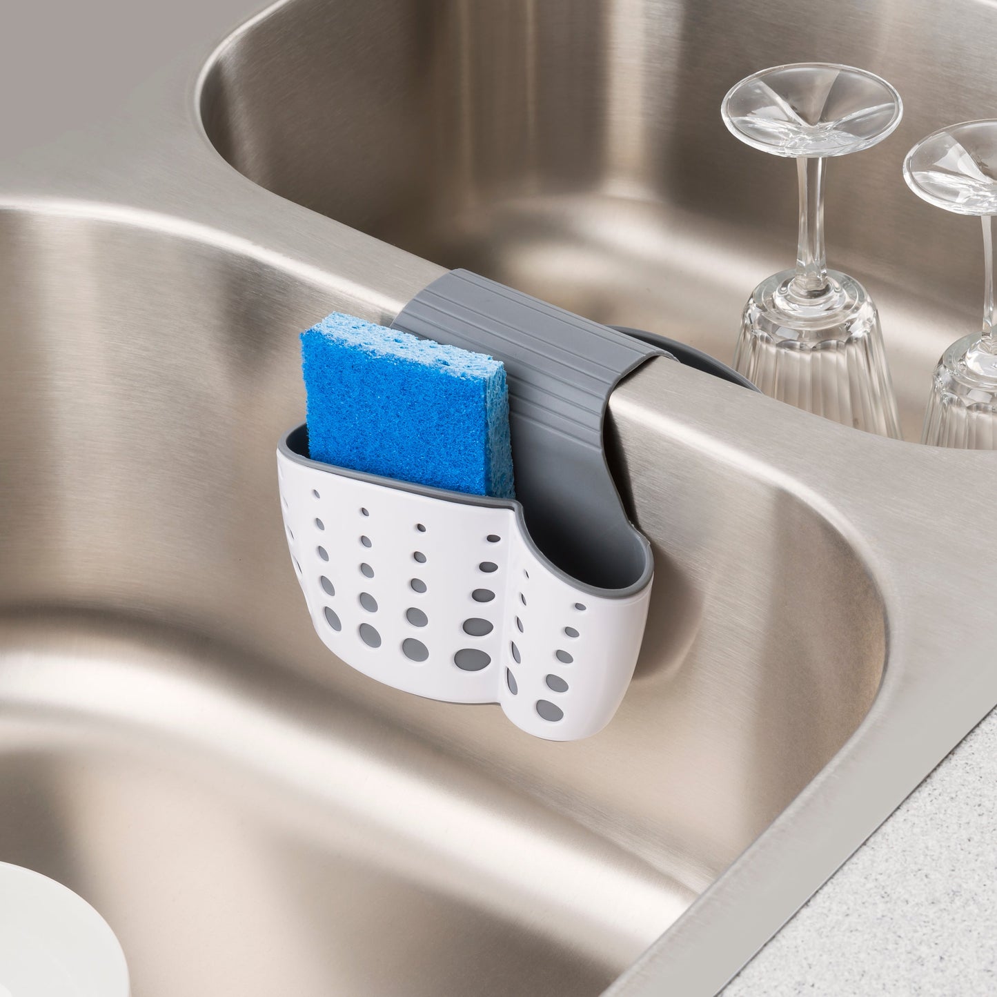 Home Basics Draining Dual Sink Saddle – Kitchen Sponge & Brush Organizer