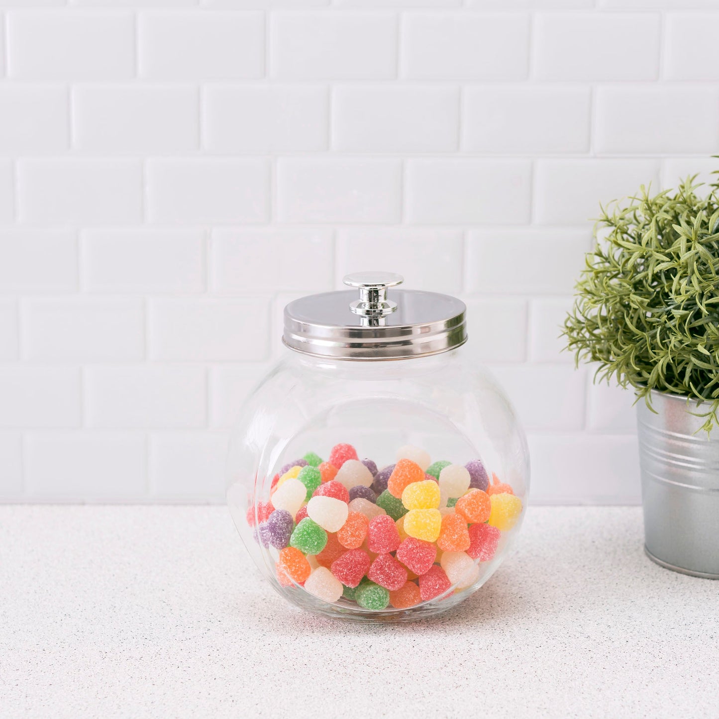 Home Basics Round Glass Candy Storage Jar with Stainless Steel Lid – Clear Kitchen Organizer
