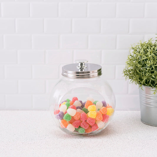 Home Basics Round Glass Candy Storage Jar with Stainless Steel Lid – Clear Kitchen Organizer