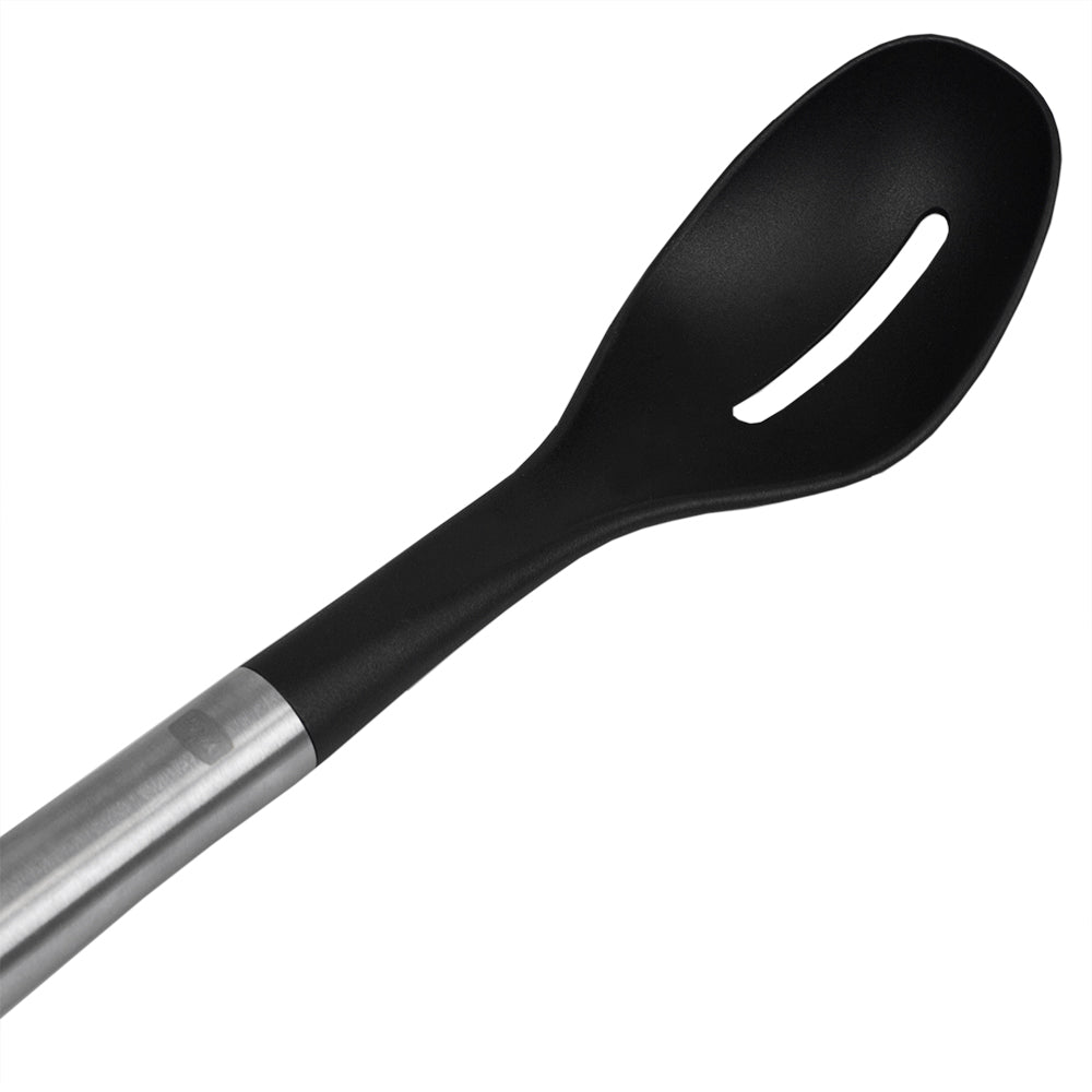 Home Basics MESA 13" Scratch-Resistant Nylon Slotted Spoon with Stainless Steel Handle – Black/Silver