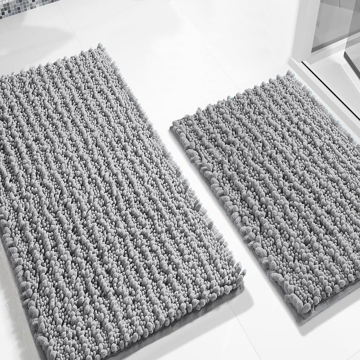 2-Piece Plush Chenille Bath Mat Set – Soft & Absorbent Bathroom Rugs, Light Grey