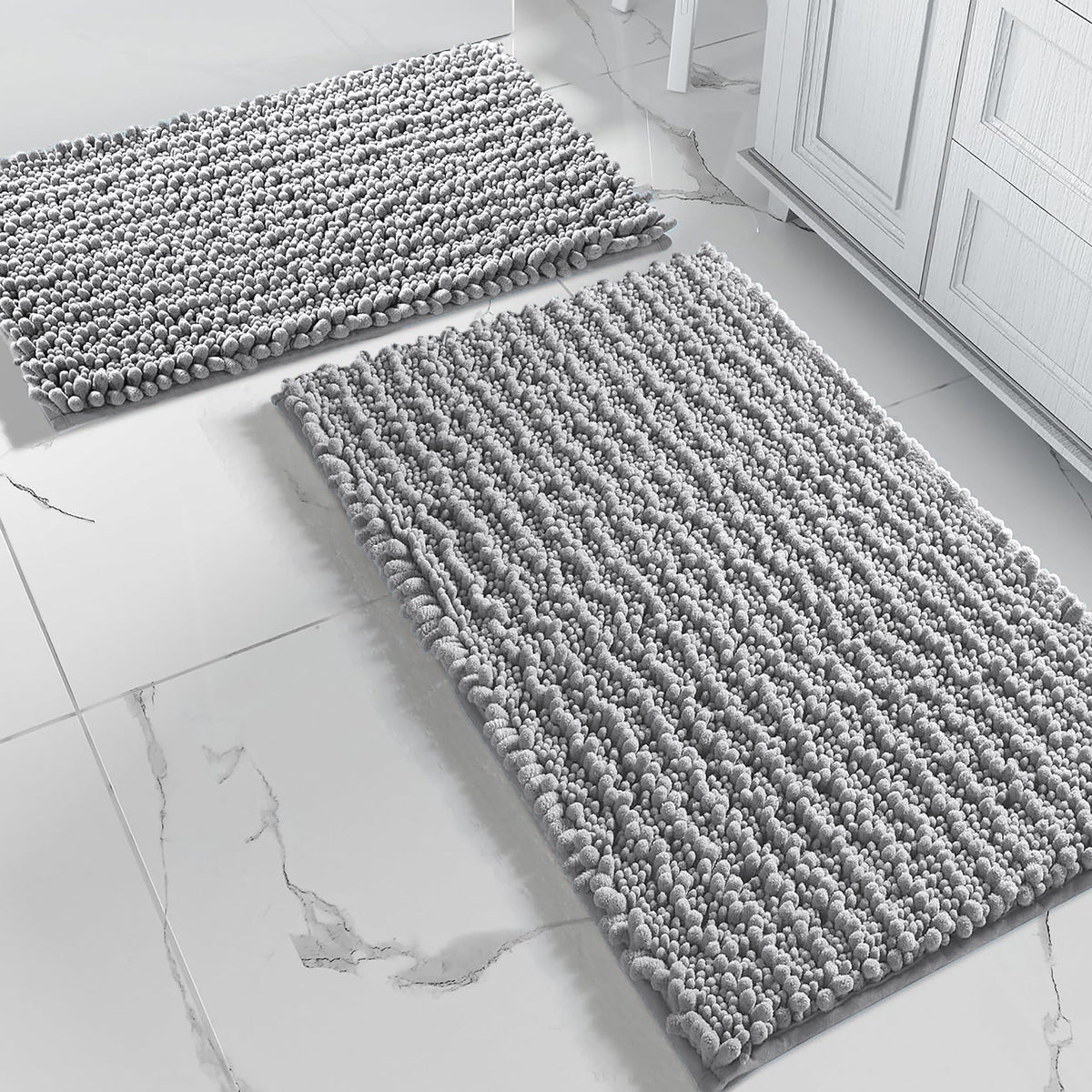 2-Piece Plush Chenille Bath Mat Set – Soft & Absorbent Bathroom Rugs, Light Grey