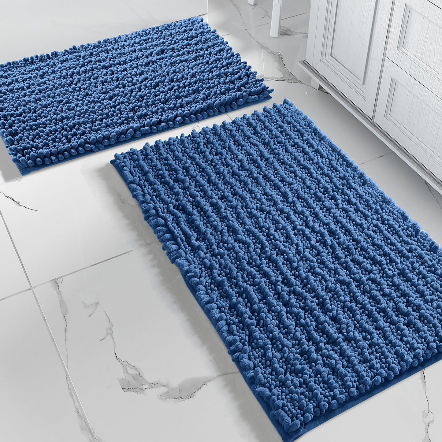 2-Piece Blue Plush Chenille Bath Mat Set – Soft, Absorbent & Non-Slip Bathroom Rugs