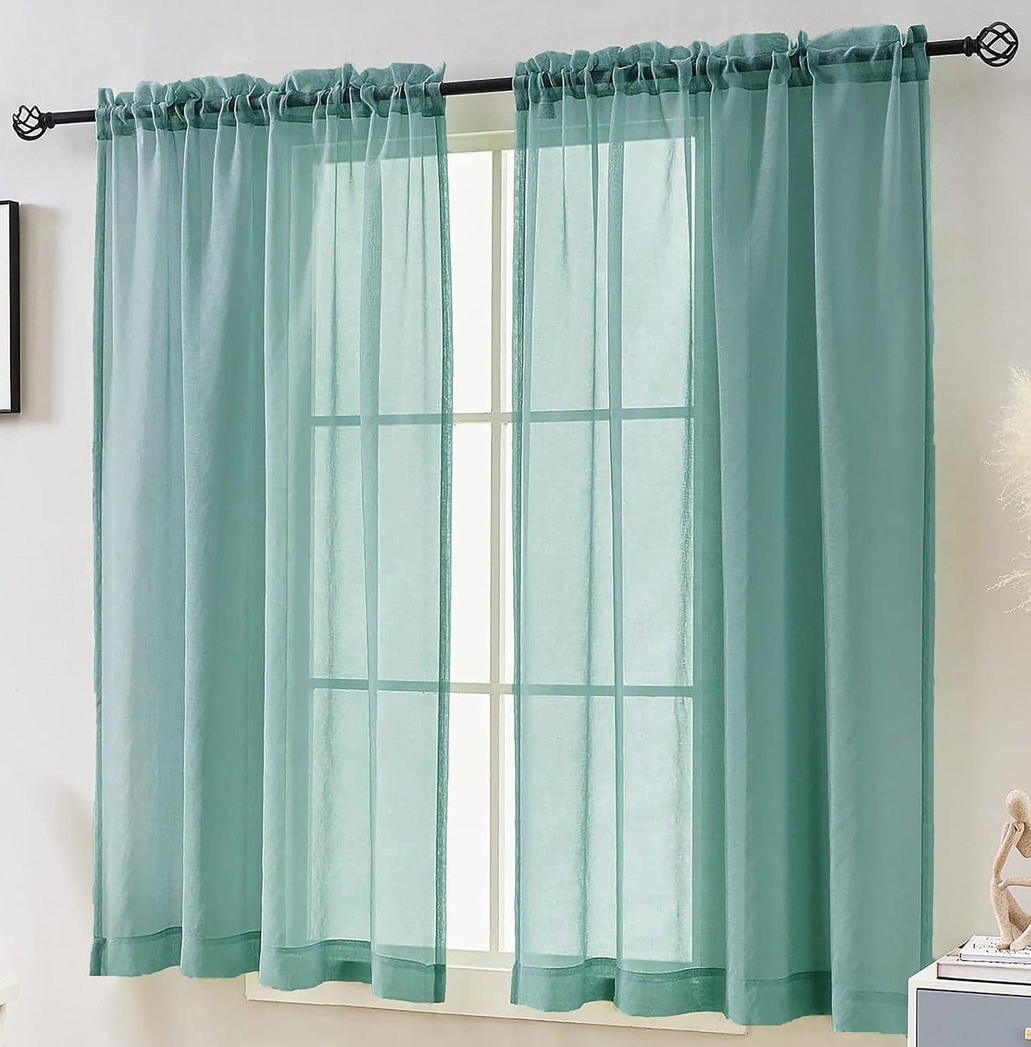 Teal Sheer Window Curtain Set – 63" Rod Pocket Panels (Set of 2)