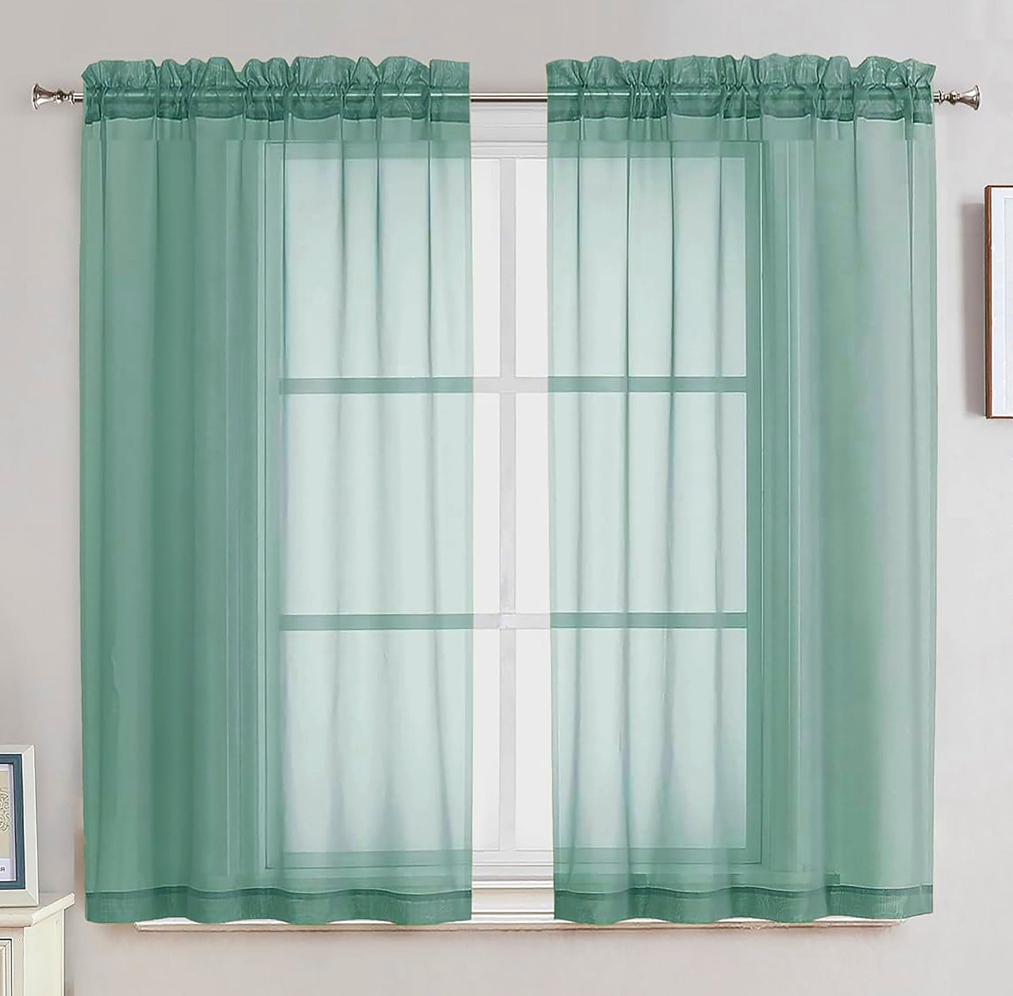 Teal Sheer Window Curtain Set – 63" Rod Pocket Panels (Set of 2)