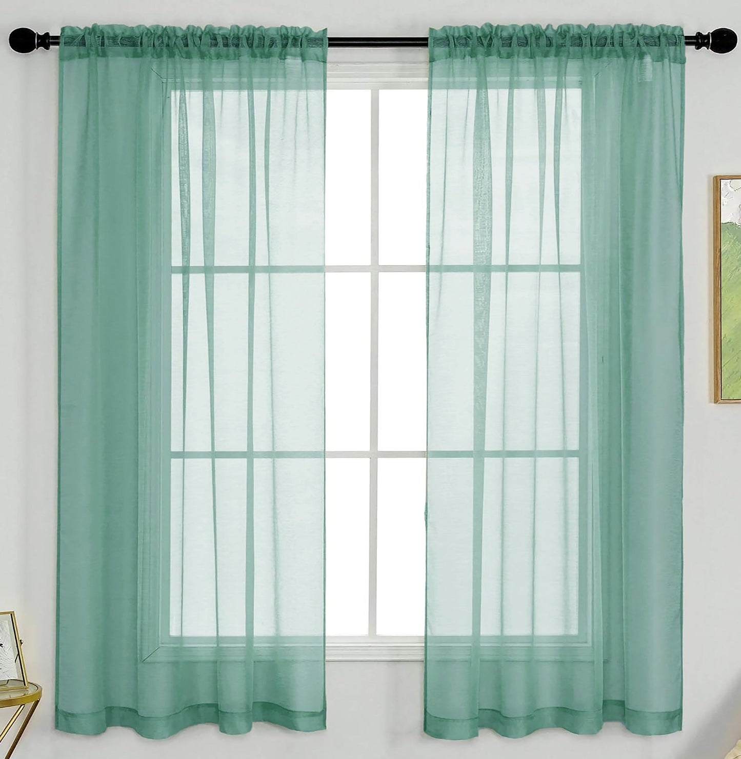 Teal Sheer Window Curtain Set – 63" Rod Pocket Panels (Set of 2)