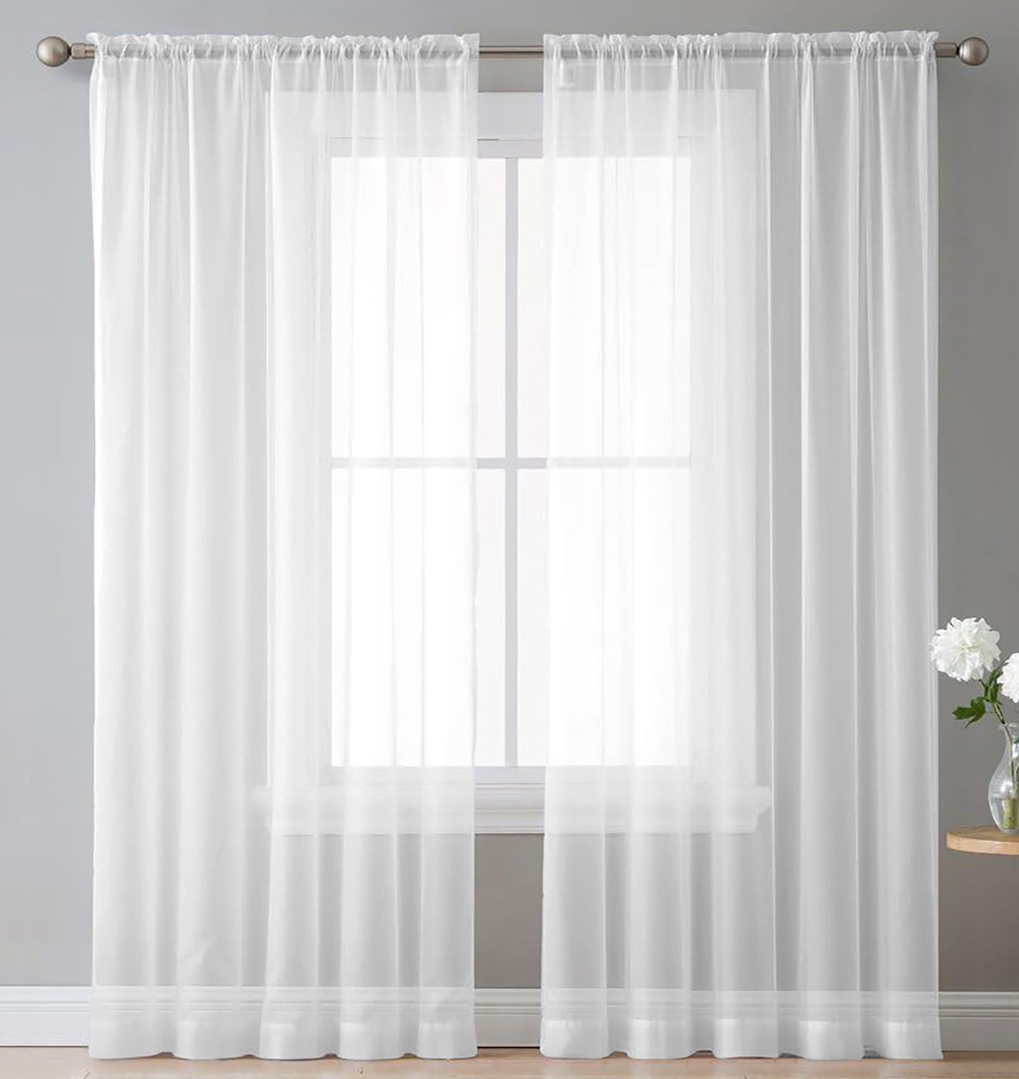 White Sheer Window Curtain Set – 63" Rod Pocket Panels (Set of 2)