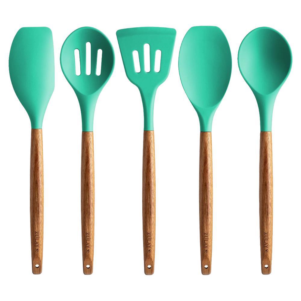 Aqua Silicone Utensil Set with Wooden Handles – Heat-Resistant & Elegant (5-Piece) The Epicurean Trader