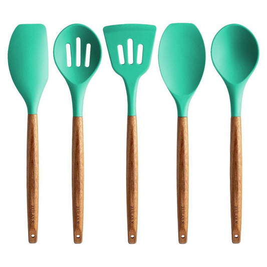 Aqua Silicone Utensil Set with Wooden Handles – Heat-Resistant & Elegant (5-Piece) The Epicurean Trader